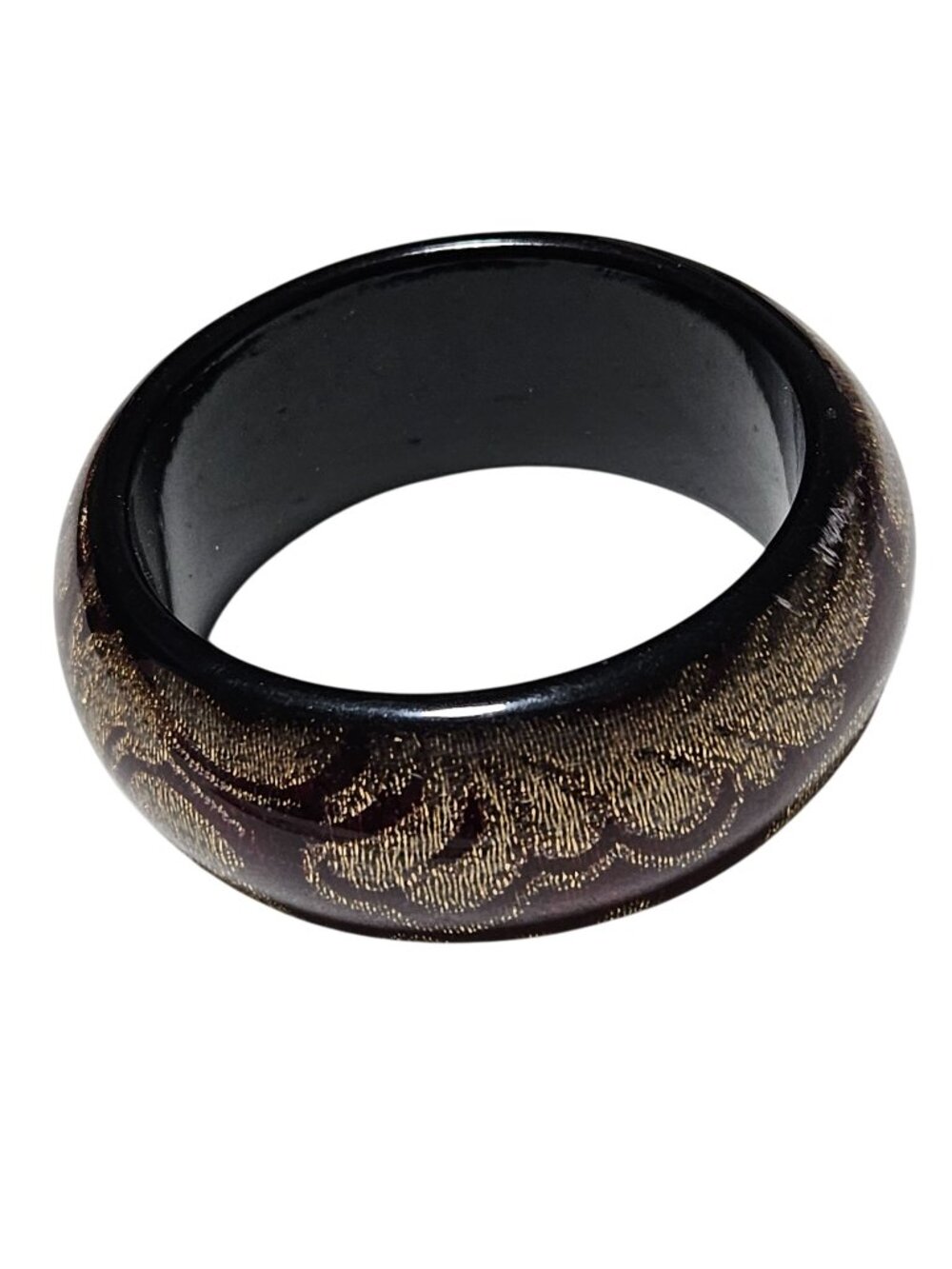 Vintage Bangle Bracelet Chunky Gold Floral Black Resin Retro Fashion Jewelry
